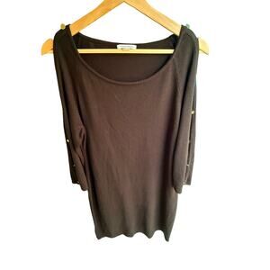 Calvin Klein black midi dress women’s L gold button cutout 3/4 sleeve